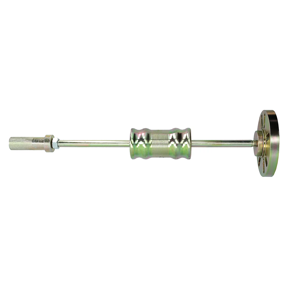 Ein silberner Abzieher für Fahrzeugteile, mit einem grünen Mittelteil und einer runden Basis.